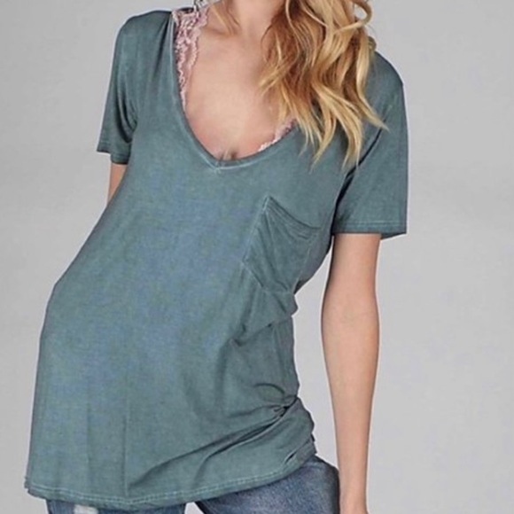 Acid Washed Modal V Neck Pocket Tee - Picture 3 of 4